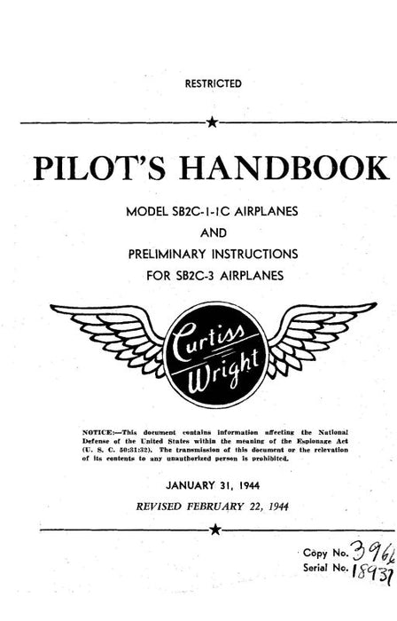 Curtiss-Wright SB2C-1,-1C,-3 1944 Pilot's Handbook (CWSB2C1,1C,3-44-POHC)