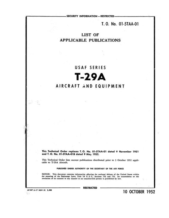 Consolidated T-29A USAF Series 1952 List Applicable Publications (01-5TAA-01)