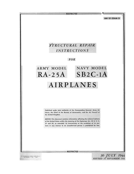 Curtiss-Wright RA-25A Army 1944 Structural Repair Instructions (01-25AA-3)
