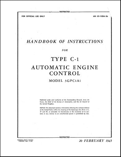 US Government Automatic Engine Control 1945 Handbook Of Instructions (03-10DA-26)