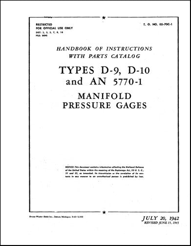 US Government Manifold Pressure Gages 1942 Handbook Of Instructions With Parts Catalog (5P2-2-41)