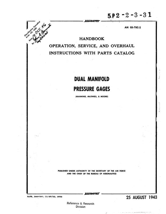 Manning, Maxwell & Moore Dual Manifold Pressure Gages Operation, Maintenance, Overhaul, Parts (05-70C-2)