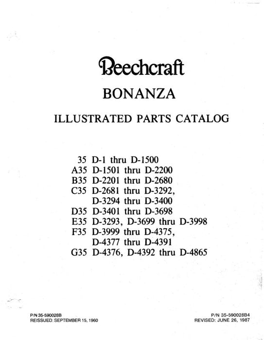Beech 35-G35 Bonanza 1987 Parts Catalog (35-590028B4)