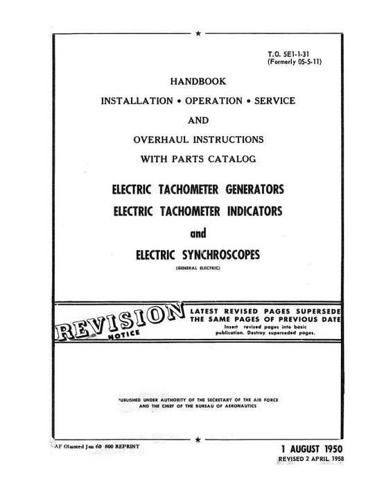 General Electric Company Electrical Tachometer 1950 Installation, Inspection, Maintenance, Overhaul (5E1-1-31)