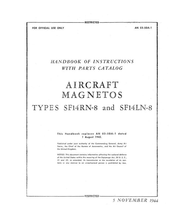 Bendix SF14RN-8, SF14LN-8 Magnetos Handbook Of Instructions With Parts Catalog (03-5DA-1)