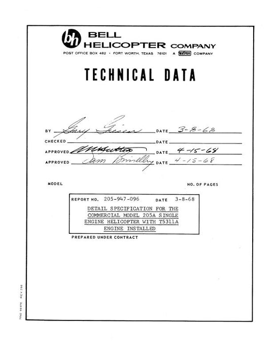 Bell Helicopter Model 205A 1968 Technical Data