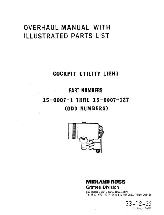 Grimes Cockpit Utility Light 1981 Overhaul Manual with Illustrated Parts List (33-12-33)