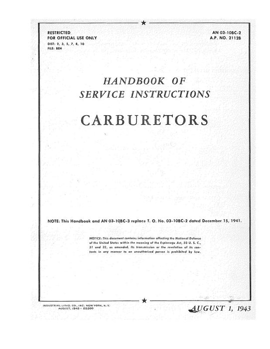 Holley Carburetor Company Models 1375-HA, 1685-HA 1943 Maintenance Instruction (03-10BC-2)