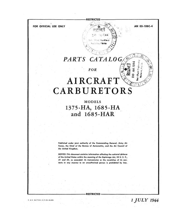Holley Carburetor Company Models 1375-HA, 1685-HA, HAR Parts Catalog (03-10BC-4)