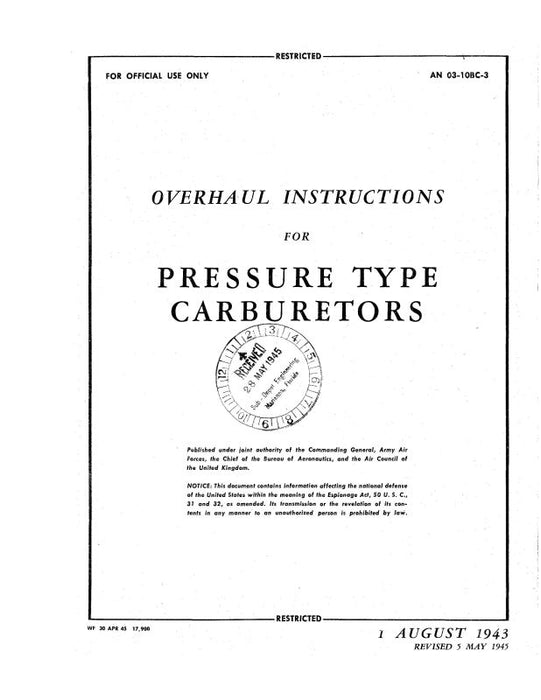 Holley Carburetor Company Models 1375-HA, 1685-HA 1943 Overhaul Instructions (03-10BC-3)