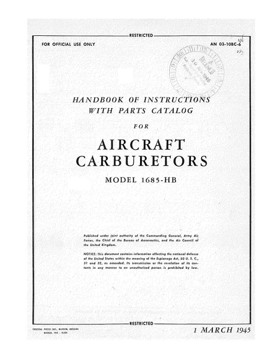 Holley Carburetor Company Models 1685-HB 1945 Instructions With Parts Catalog (03-10BC-6)