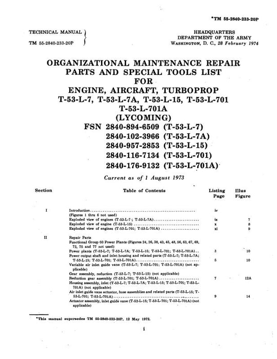 Lycoming T53-L-7, -7A, -15, -701, -701A Organizational Maintenance Repair Parts (55-2840-233-20P)