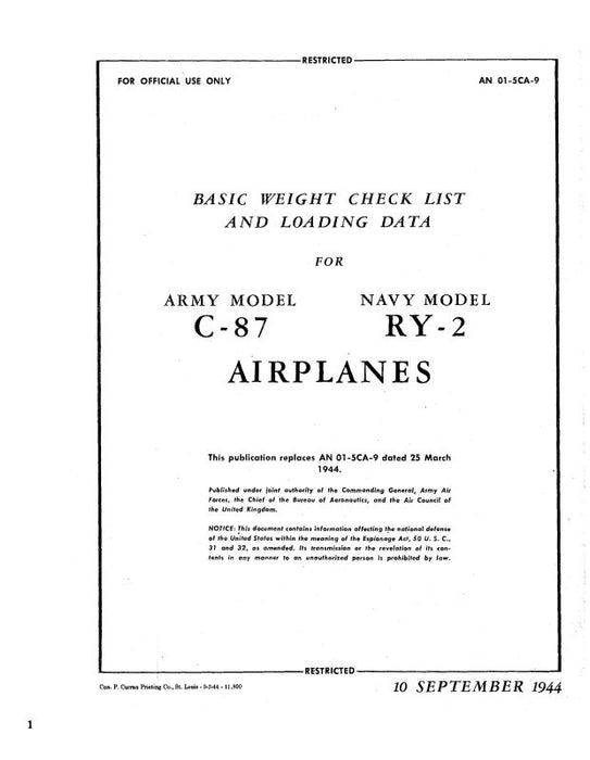 Consolidated C-87 Army Models 1944 Basic Weight Pilot's Checklist and Loading Data (01-5CA-9)