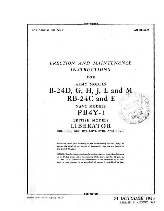 Consolidated B-24D, G, H, J, L, M, RB-24C,E Erection & Maintenance (01-5E-2)