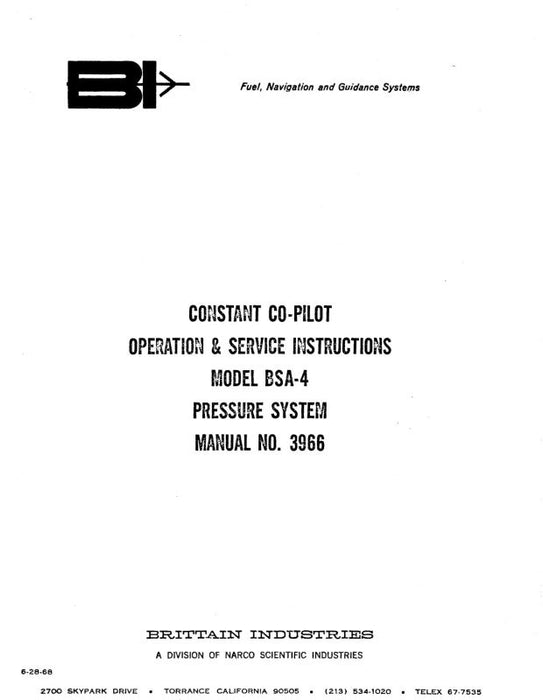 Brittain Industries BSA-4 Pressure System 1968 Operation & Maintenance Instructions