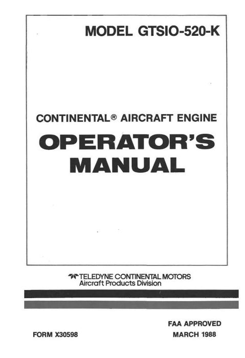 Continental GTSIO-520-K Series 1988 Operators Manual (X30598)