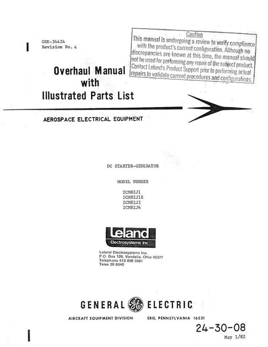 General Electric Company DC Starter-Generator 1982 Overhaul Manual with Illustrated Parts List (24-30-08)