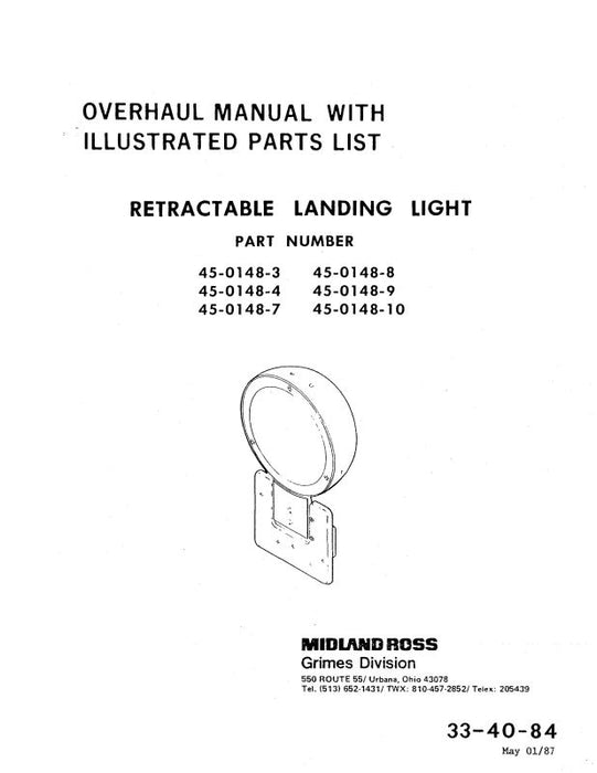 Grimes 45-0148-3-10Retract.LandingLgt Overhaul Manual with Illustrated Parts List (45-0148)