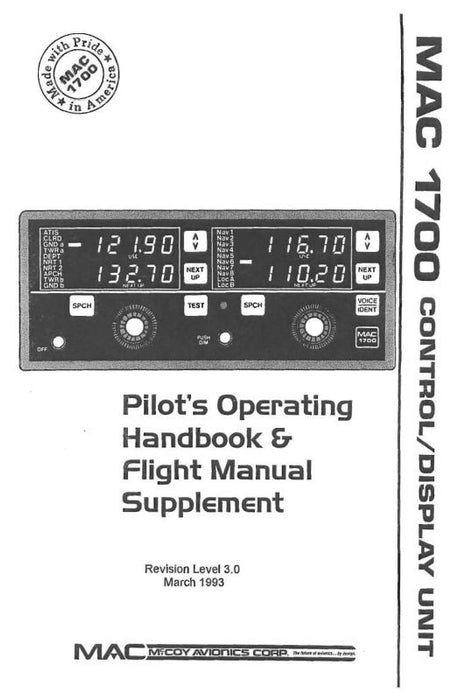 McCoy Avionics MAC 1700 Control-Display Unit Pilot's Operating Handbook-Flight Supplement (MVMAC1700-OP-C)