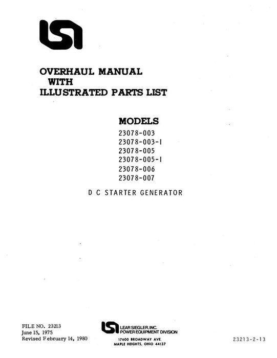 Lear Seigler 23078-003, 005, 006, 007 Overhaul Manual with Illustrated Parts List (23213-2-13)
