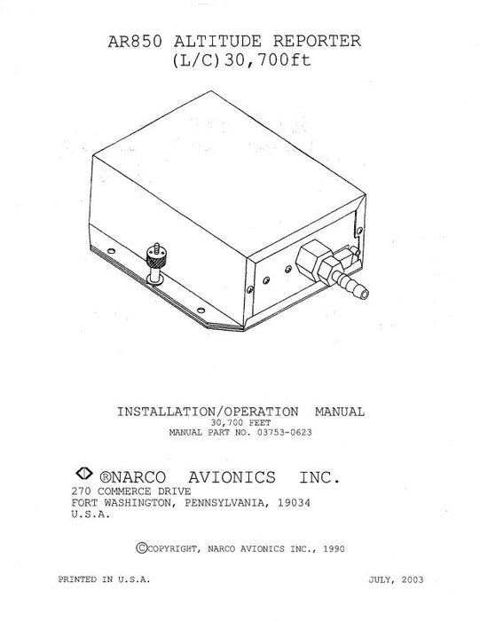 Narco AR850 Altitude Reporter 1990 Installation-Operation Manual (03753-0622)