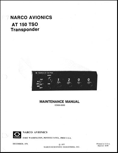 Narco AT150 TSO Transponder 1976 Maintenance Manual (03606-0600)