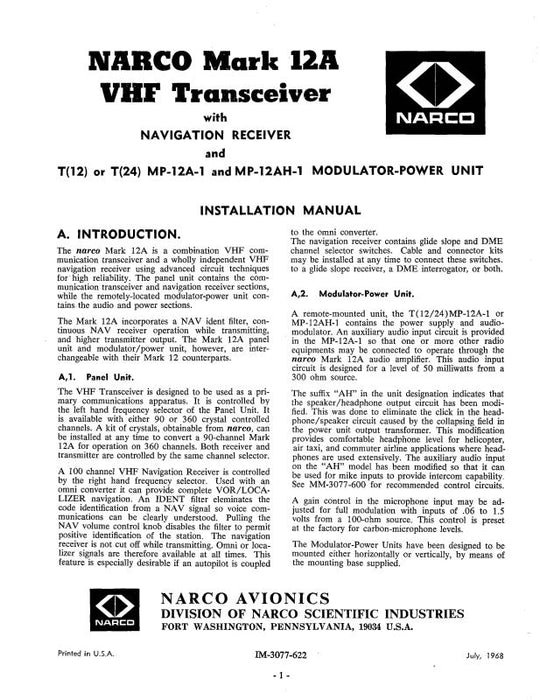 Narco Mark 12A VHF Transceiver 1968 Installation Manual (3077-622)