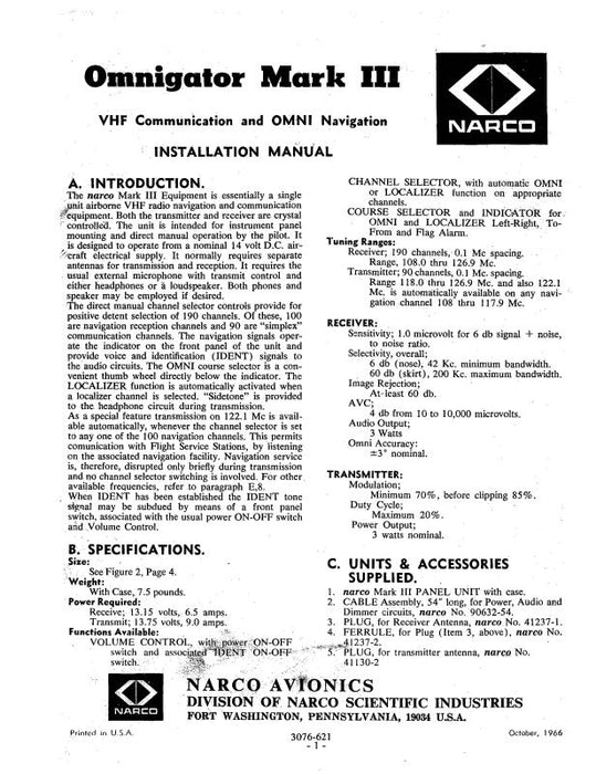 Narco Mark III Omnigator 1966 Installation Manual (3076-621)