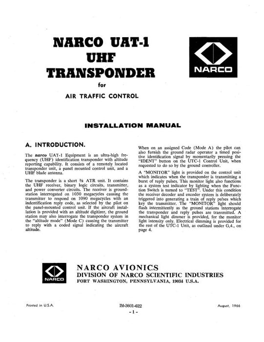 Narco UAT-1 UHF Transponder 1966 Installation Manual (IM-3601-622)