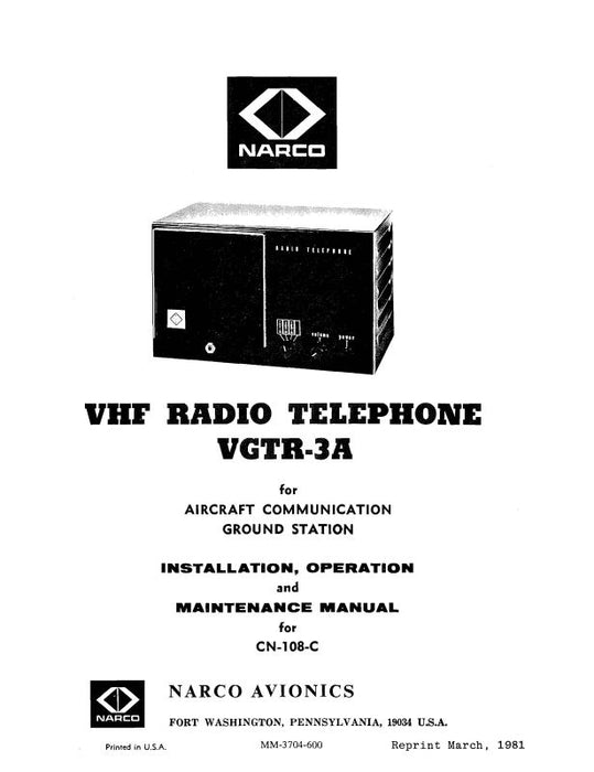 Narco VGTR-3A VHF 1966 Maintenance, Installation, Operation (MM-3704-600)