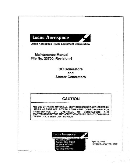 Lucas Aerospace DC Generators and Starter-Gen. Maintenance Manual (23700)