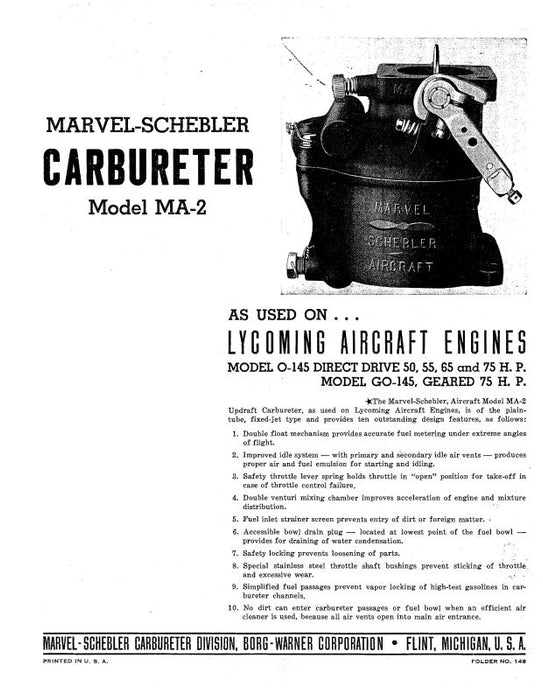 Marvel-Schebler MA-2 Carburetor Operating & Maintenance Instructions (148)