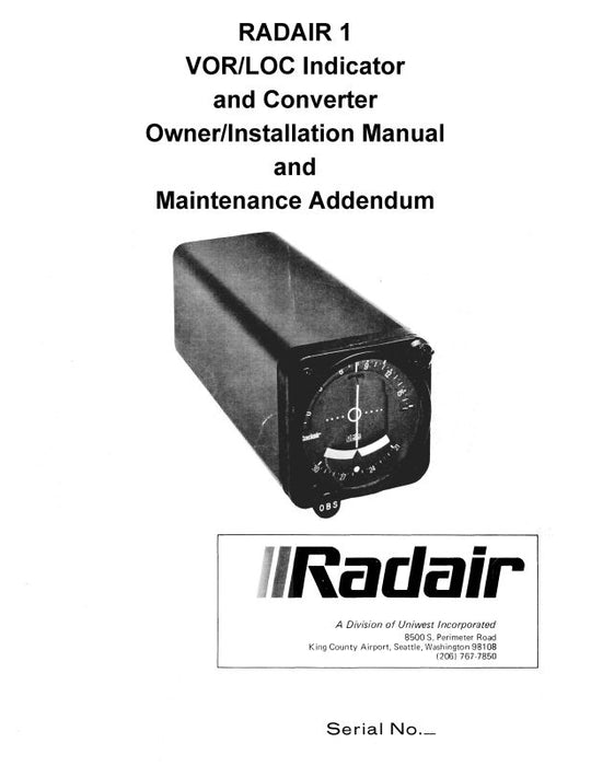 Radair 1 VOR-LOC Indicator Installation-Owners Manual, Maintenance Addendum (023-0008-001)
