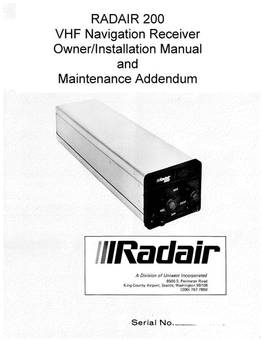 Radair 200 VHF Nav Receiver Installation-Owners Manual, Maintenance Addendum (023-0004-001)