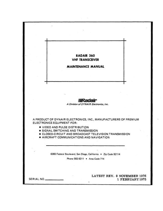 Radair 360 VHF Transceiver 1976 Maintenance Manual (RD360-76-M-C)