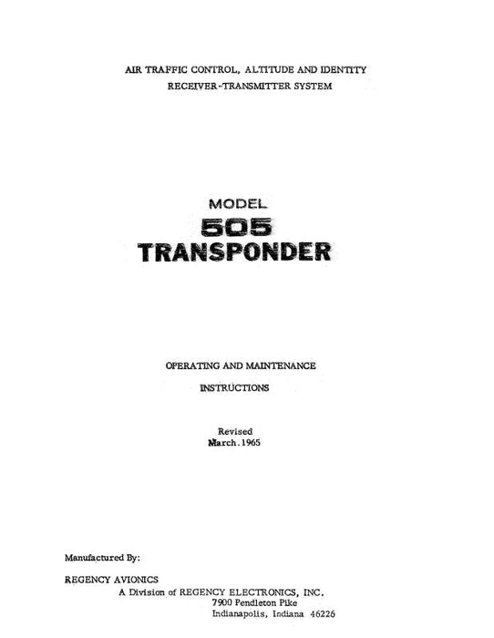 Regency Avionics 505 Transponder 1965 Maintenance & Operating Instructions (RC505-65-M)