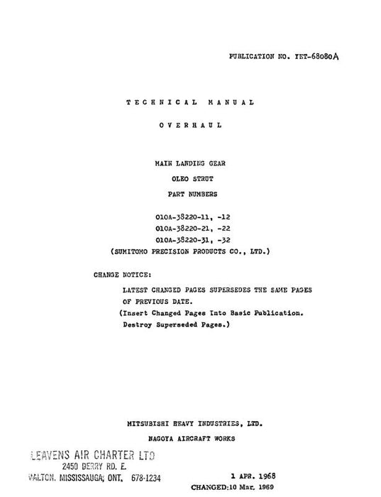 Mitsubishi Heavy Industries Main Landing Gear 1968 Overhaul Manual (YET-68080A)