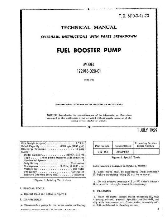 Pesco Model 122916-020-01 Fuel Pump Parts Catalog with Service Instructions, Operation (6J10-3-42-23)