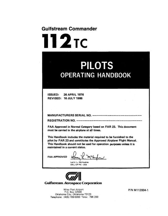 Aero Commander 112TC 1976 Pilot's Operating Handbook (M112004-1)
