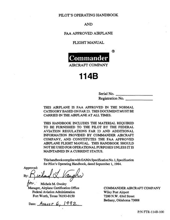 Aero Commander 114B 1992-99 Pilot's Operating Handbook (FTR-114B-100)
