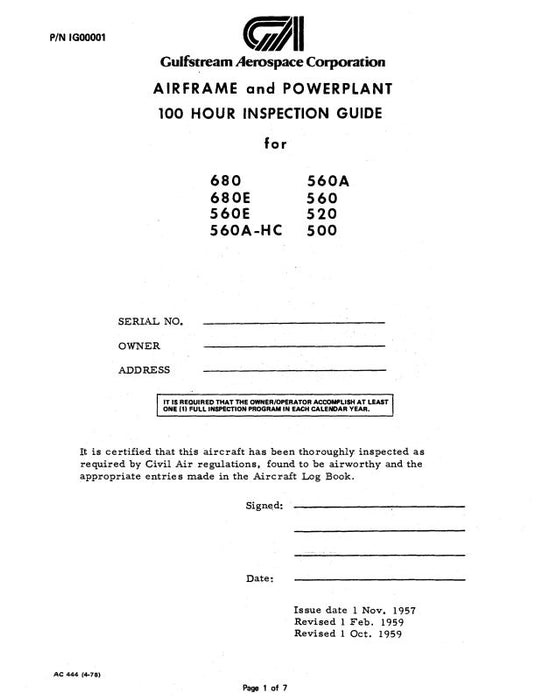 Aero Commander 680,E, 560E, 560, 560A,520,500 100 Hour Inspection Guide (1G00001)