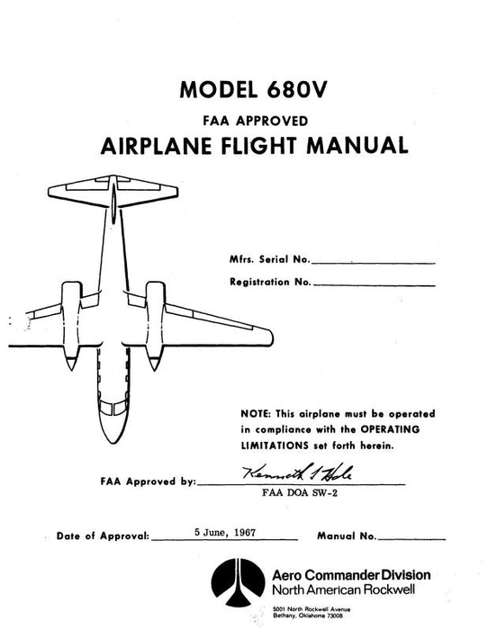 Aero Commander 680V Turbo II 1967 Flight Manual (AC680VTII-F-C)