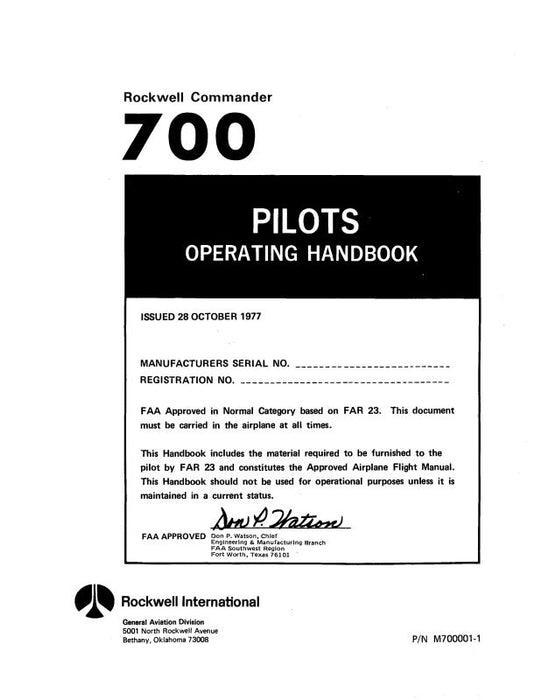 Aero Commander 700 POH Issued 1977 Revised 1978 Flight Manual (M7000001-1)