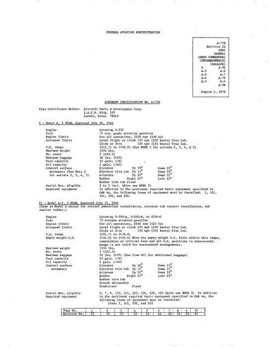 Aero Commander CallAir A thru 9B Aircraft Specifications (A-758-78)