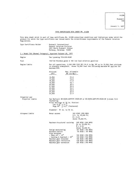 Aero Commander A12SW Rockwell 700 1977 Aircraft Specifications (ACA12SW-77-SP-C)