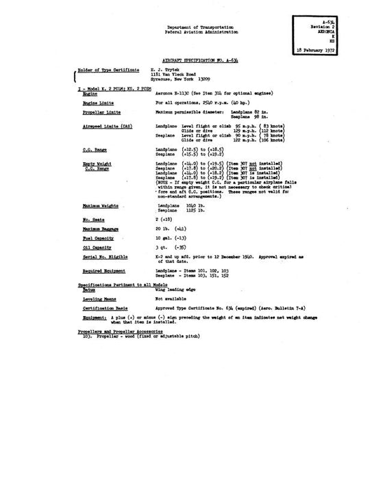 Aeronca K, KS Spec. No. A-634 Aircraft Specification (AEK,KSA634-SP-C)