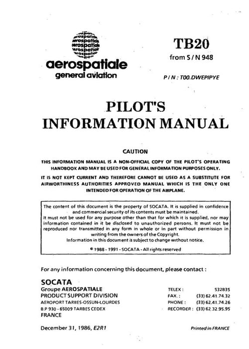Aerospatiale TB20 1986 Pilot's Information Manual (SN-948)
