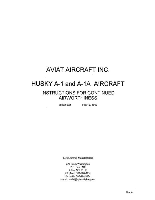 Aviat Aircraft Inc A-1 & A-1A 1998 Instructions for Continued Airworthiness (ATA1,A-98-IN-C)