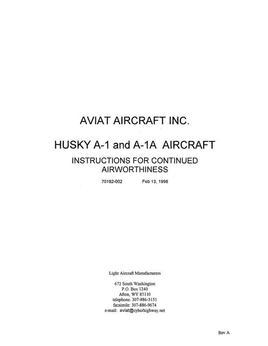 Aviat Aircraft Inc A-1 & A-1A 1998 Instructions for Continued Airworthiness (ATA1,A-98-IN-C)