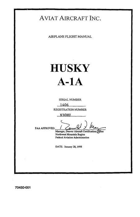 Aviat Aircraft Inc A-1A Husky 1998 Flight Manual (ATA1A98F)
